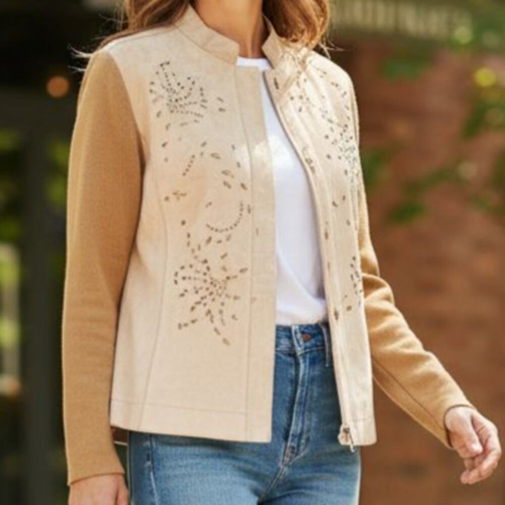 Coldwater Creek Laser Cut Design Suede Leather Jacket Rib Knit Sleeves Size Med
